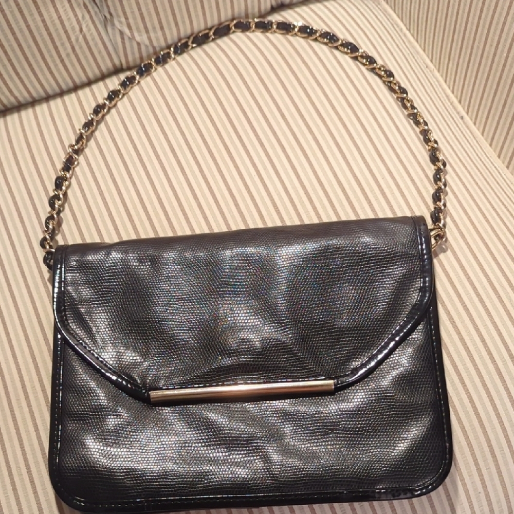 Ivanka Trump Metallic Black Clutch with Gold Chain